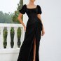 Square Collar Short Sleeve Wrinkled Maxi Bodycon Dress