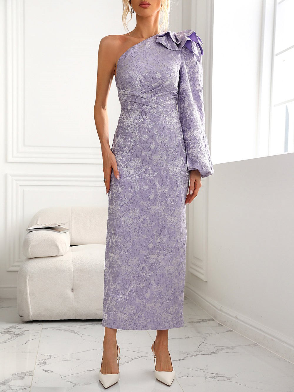 One Shoulder Long Sleeve Jacquard Midi Bodycon Dress