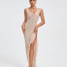 Crystal Embellished Ruffle High Split Maxi Dress