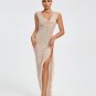 Crystal Embellished Ruffle High Split Maxi Dress