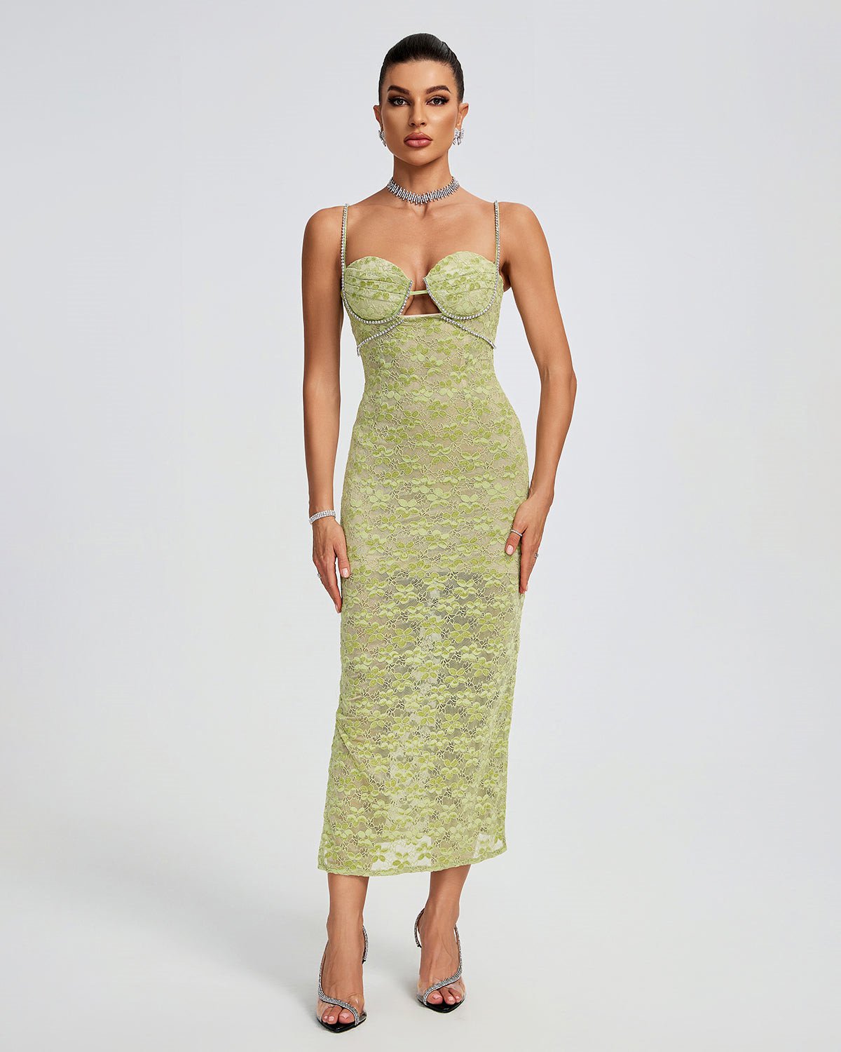 Lace Floral Crystal Chain Bustier Midi Dress