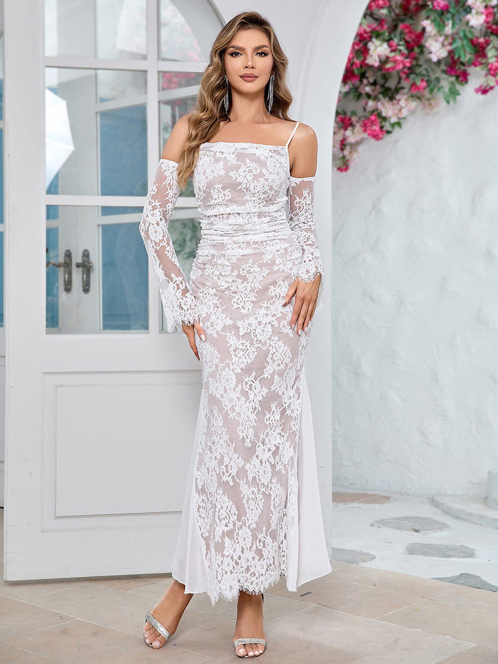 Strappy Long Sleeve Lace Maxi Bodycon Dress