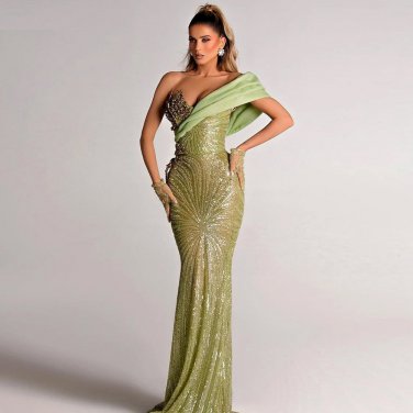 One Shoulder Sleeveless Sequins Maxi Bodycon Dress