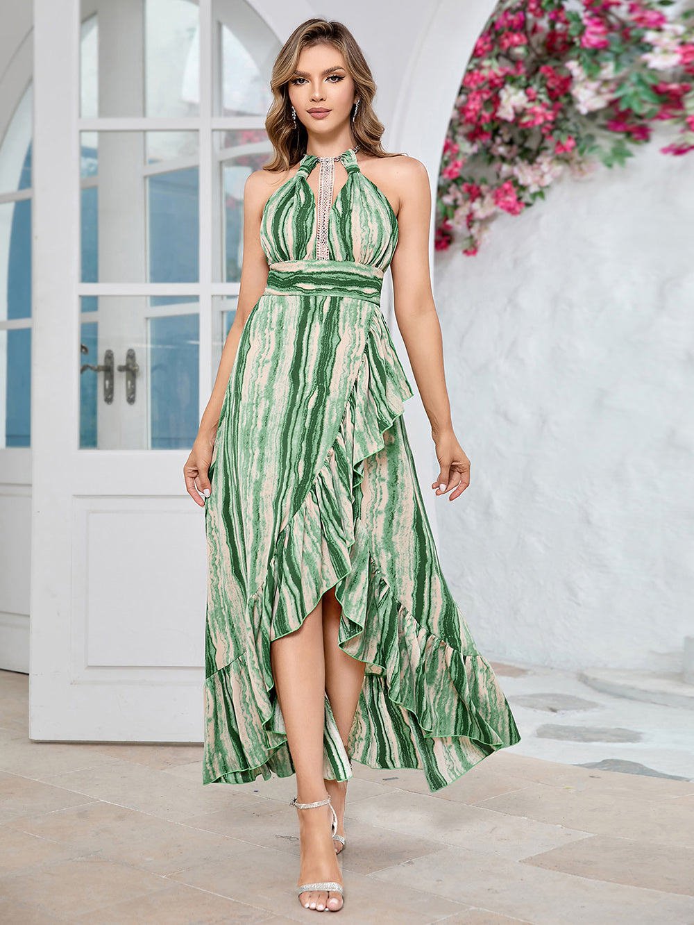 Round Neck Sleeveless Flounced Maxi Bodycon Dress