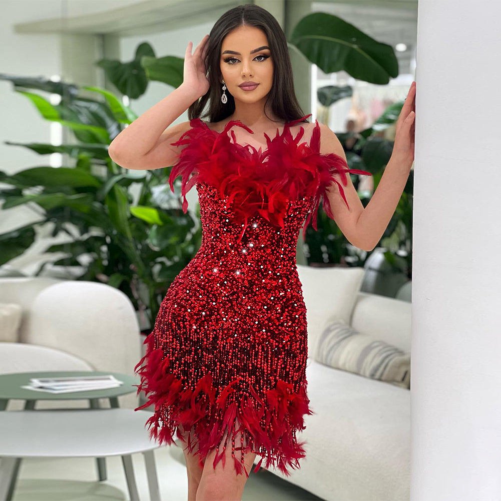 Strapless Sleeveless Feather Mini Bodycon Dress