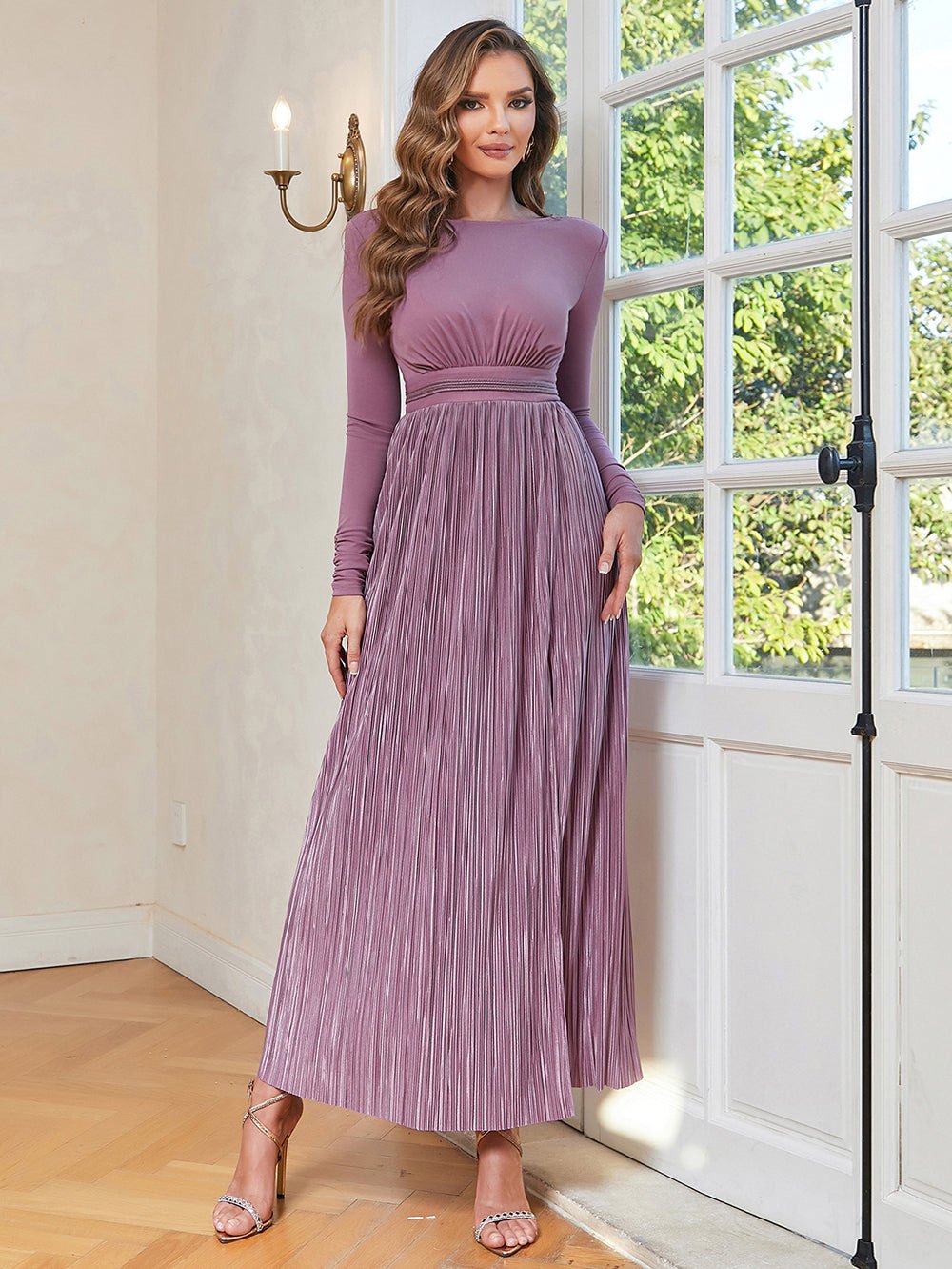 Round Neck Long Sleeve Ruched Maxi Bodycon Dress