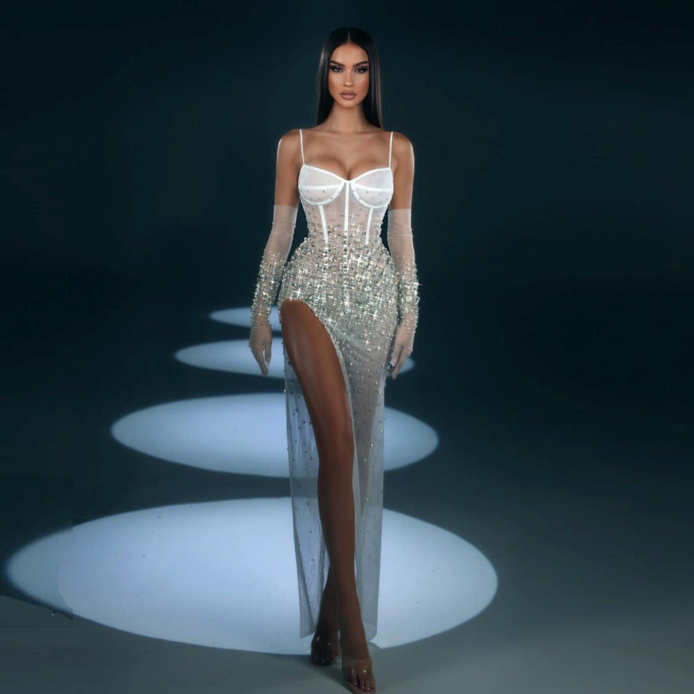 Strappy Sleeveless Rhinestone Maxi Bodycon Dress