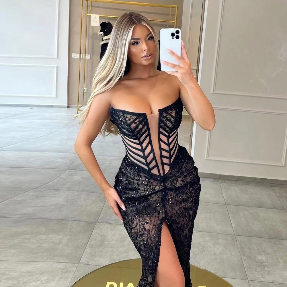 Strapless Sleeveless Lace Maxi Bodycon Dress
