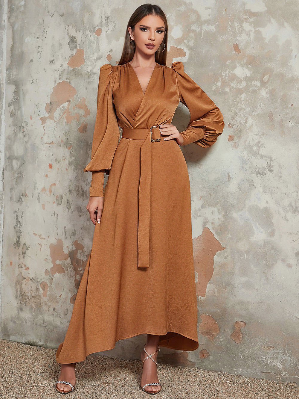 V Neck Long Sleeve Irregular Maxi Bodycon Dress
