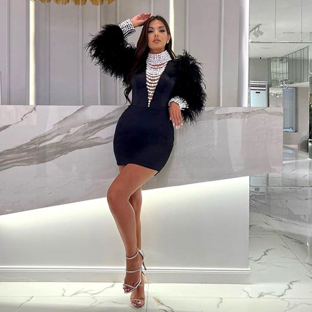 High Neck Long Sleeve Pearl Mini Bodycon Dress