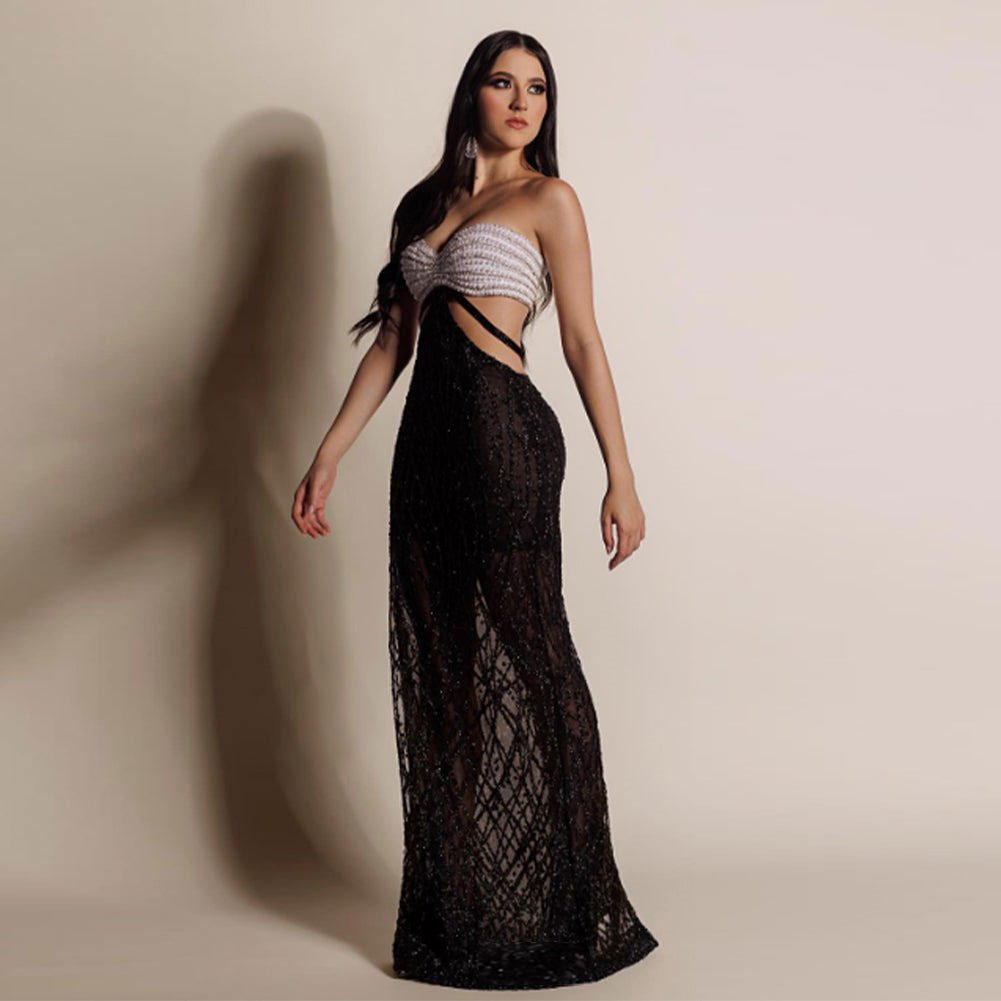 Strapless Sleeveless Sequins Maxi Bodycon Dress