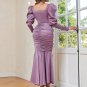 Square Collar Long Sleeve Plicated Maxi Bodycon Dress