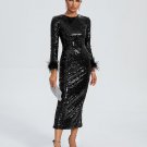 Feather Trim Midi Sequin Evening Dress