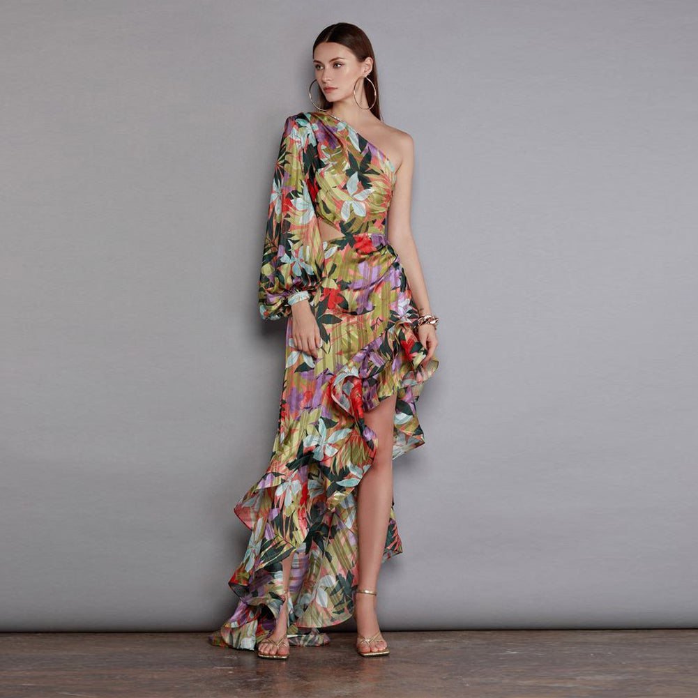 One Shoulder Long Sleeve Ruffle Maxi Dress