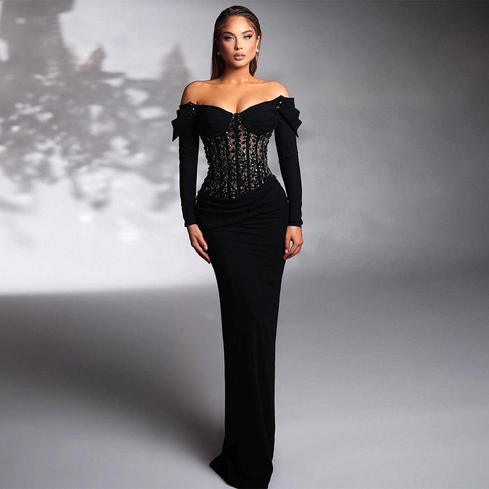 Off Shoulder Long Sleeve Delicate Maxi Bodycon Dress