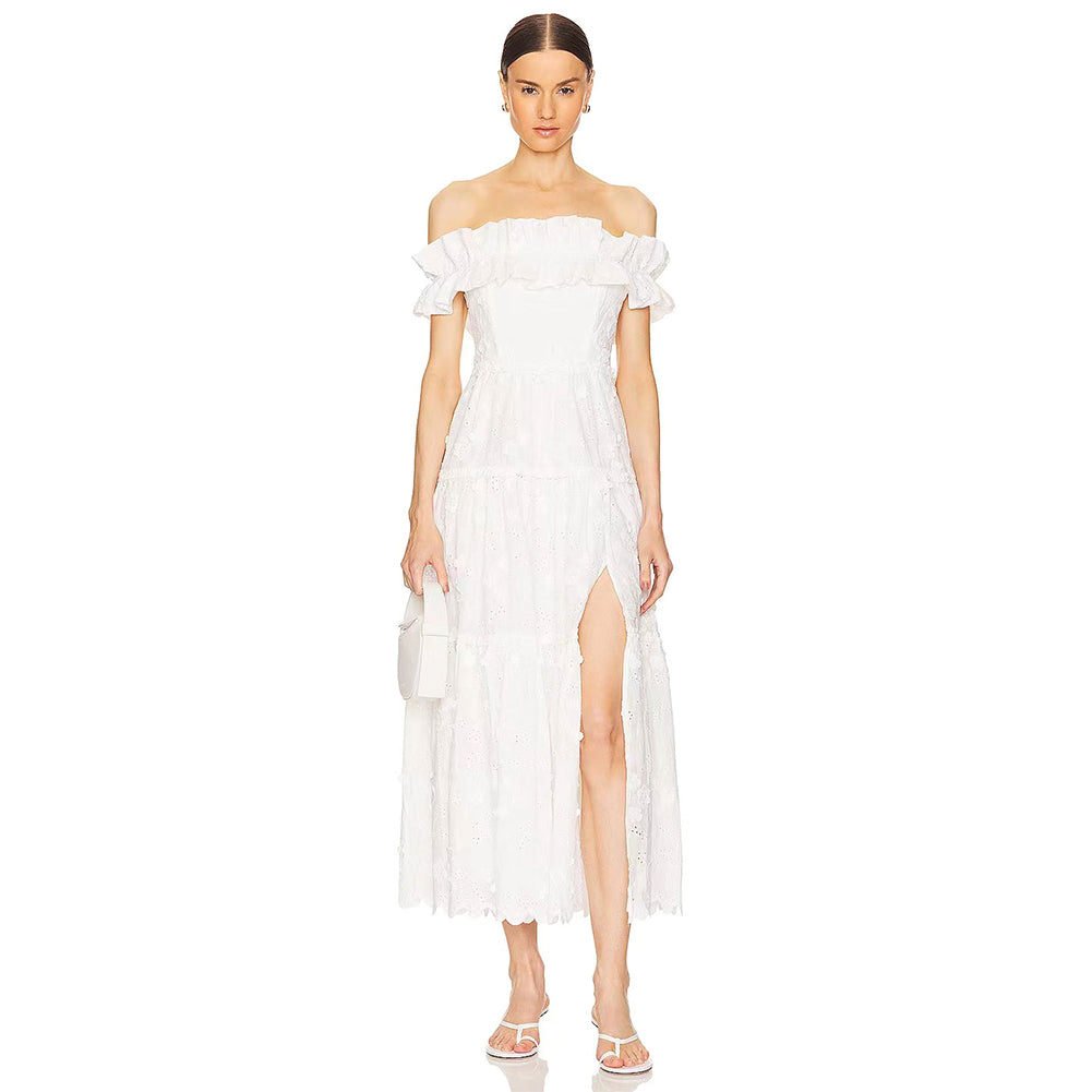 Off Shoulder Sleeveless Pure White Midi Dress