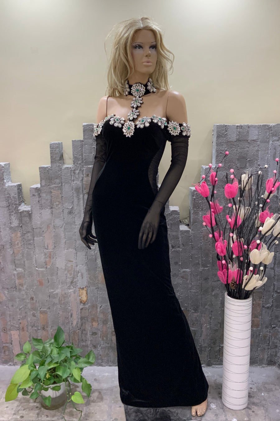 Halter Long Sleeve Color Diamond Maxi Bodycon Dress
