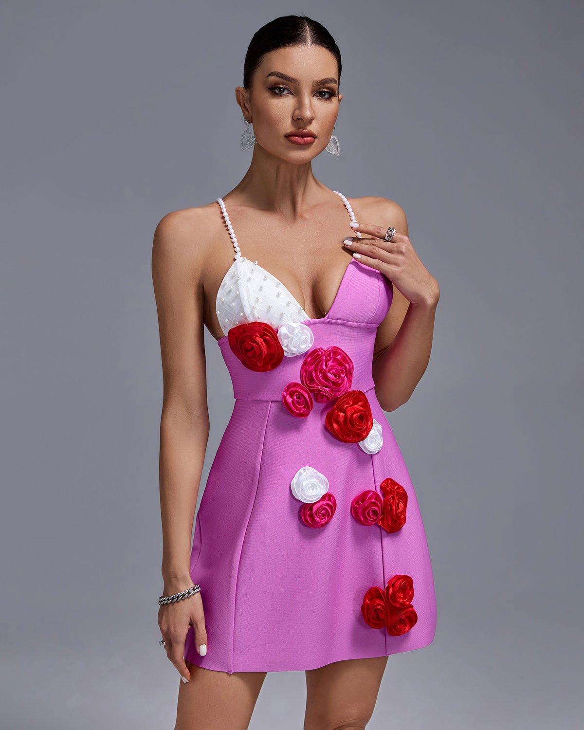 Pearl Strap Multicolor Flowers Mini Dress