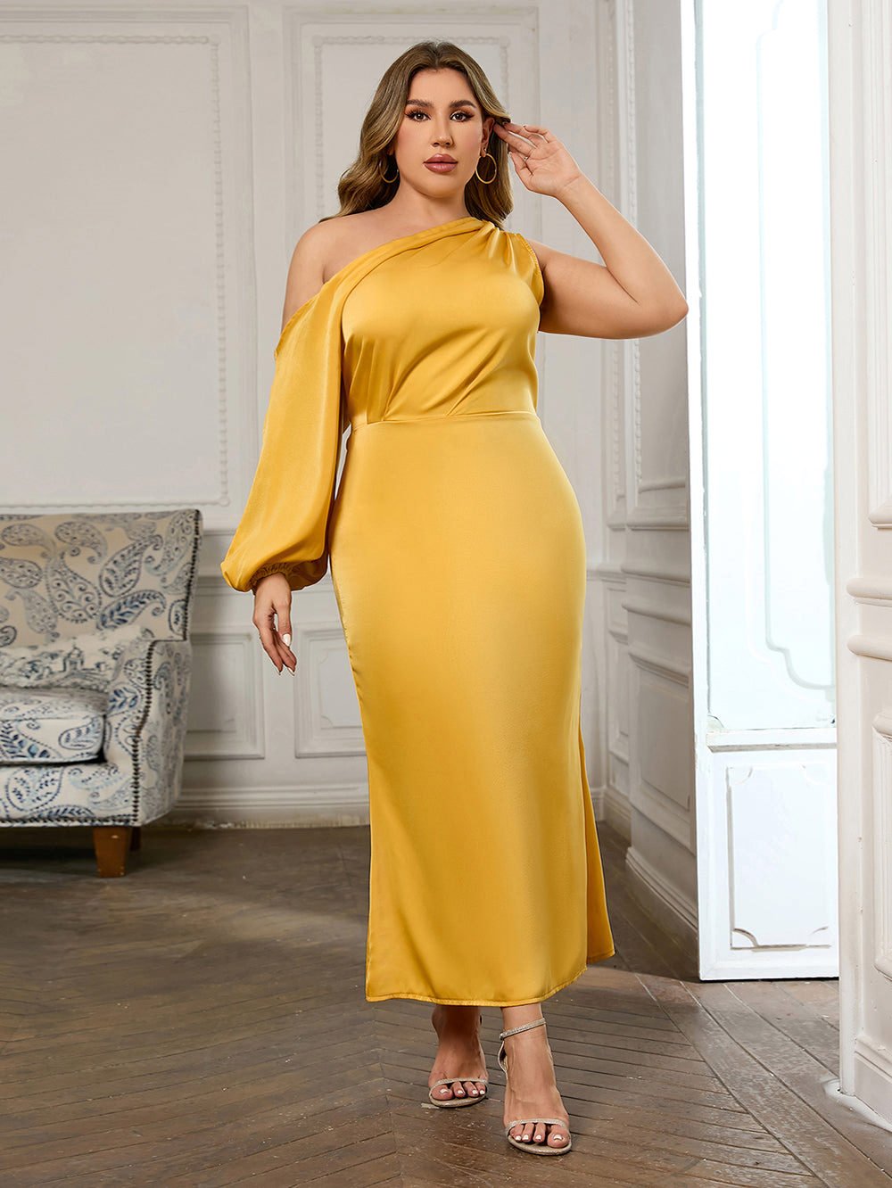 One Shoulder Long Sleeve Plain Maxi Bodycon Dress