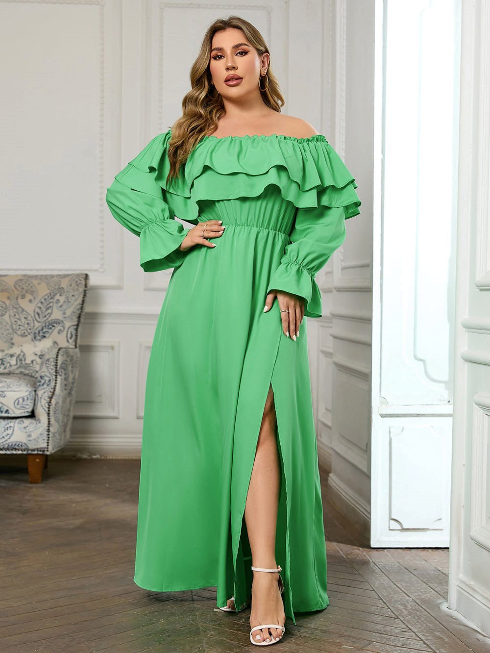 Off Shoulder Long Sleeve Flouncy Maxi Bodycon Dress