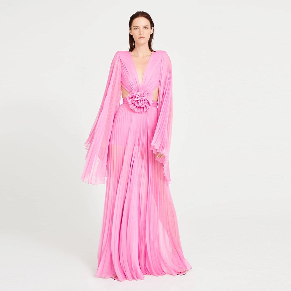 V Neck Long Sleeve Ruched Maxi Dress