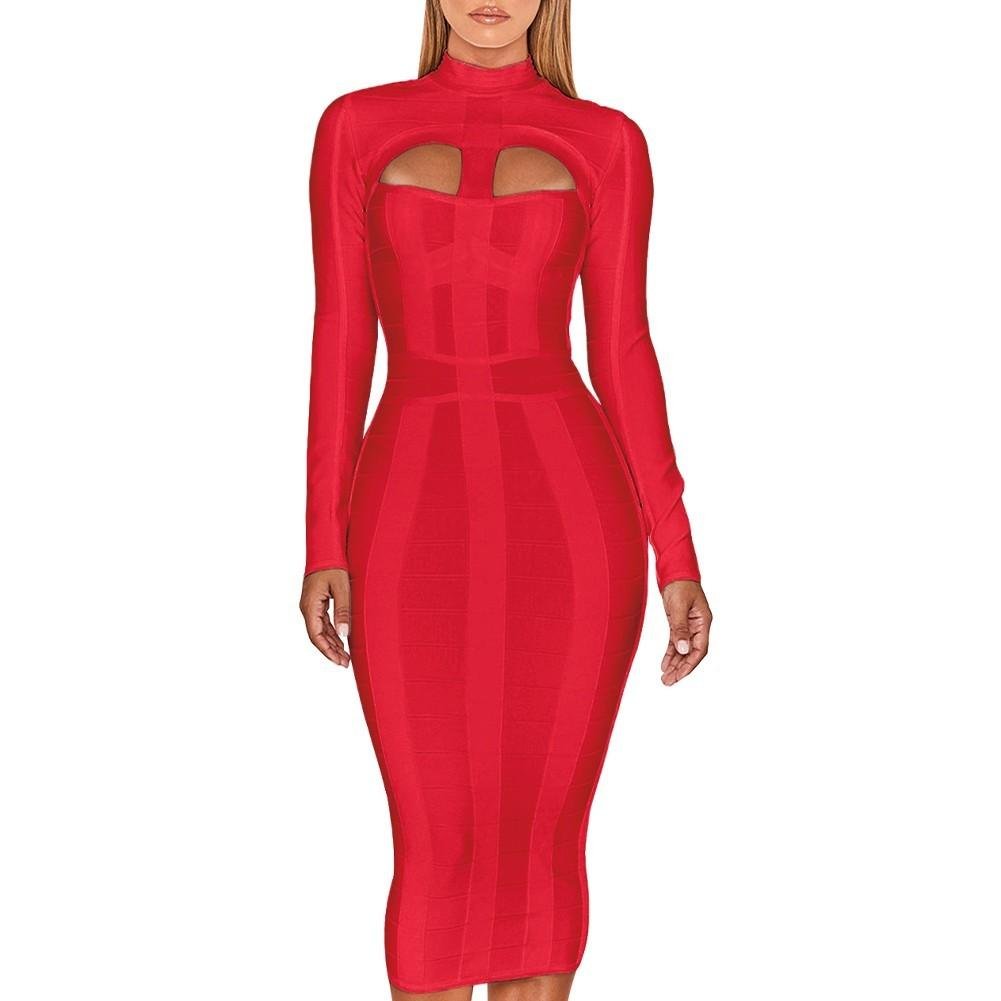 High Neck Long Sleeve Cut Out Over Knee Bandage Dress