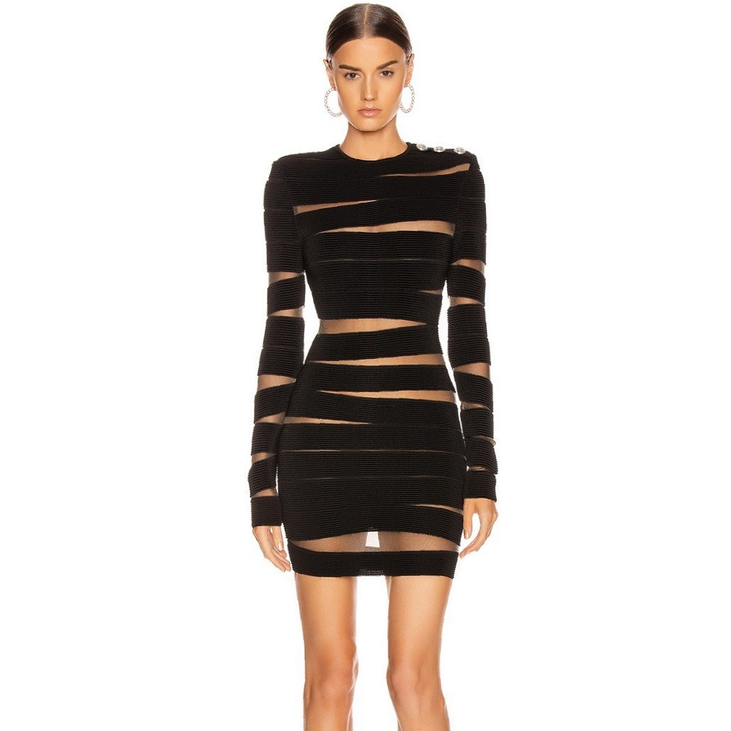 Round Neck Long Sleeve Mesh Mini Bandage Dress