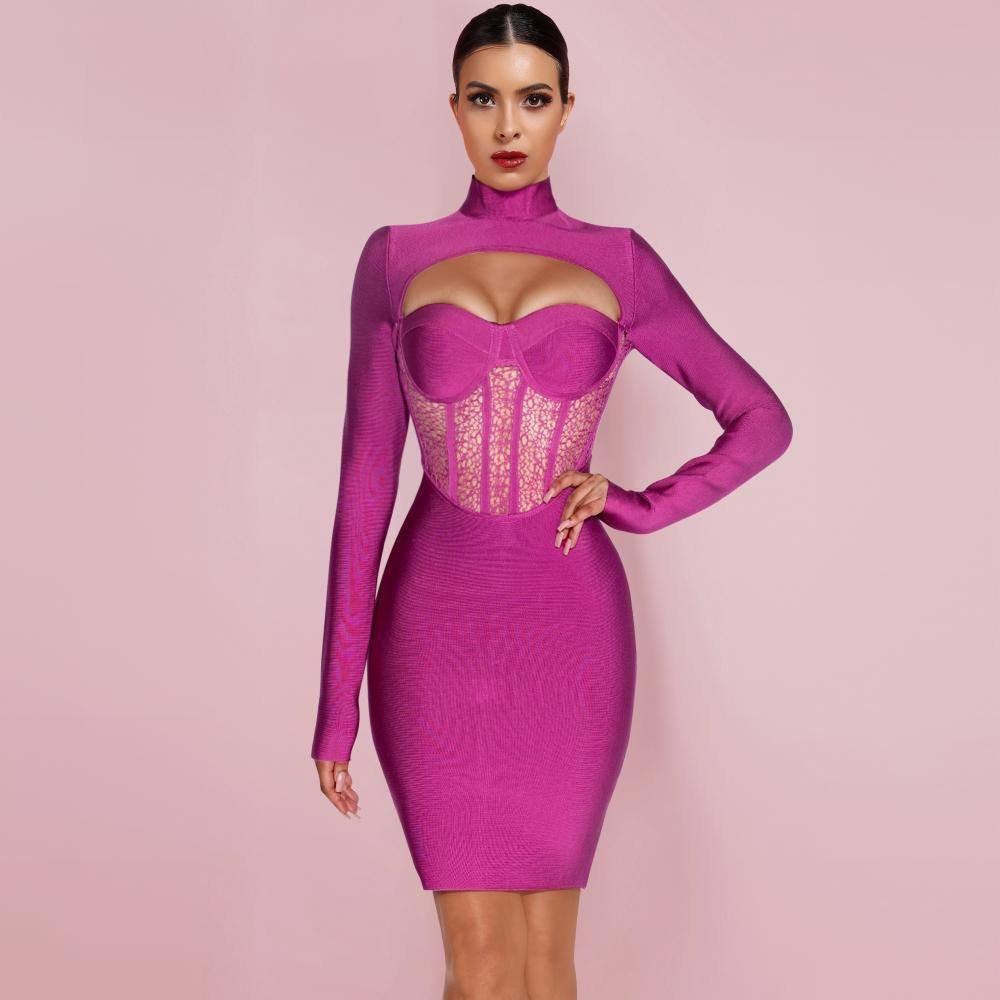 High Neck Long Sleeve Cut Out Midi Bandage Dress