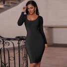 Square Collar Long Sleeve Plain Midi Bandage Dress