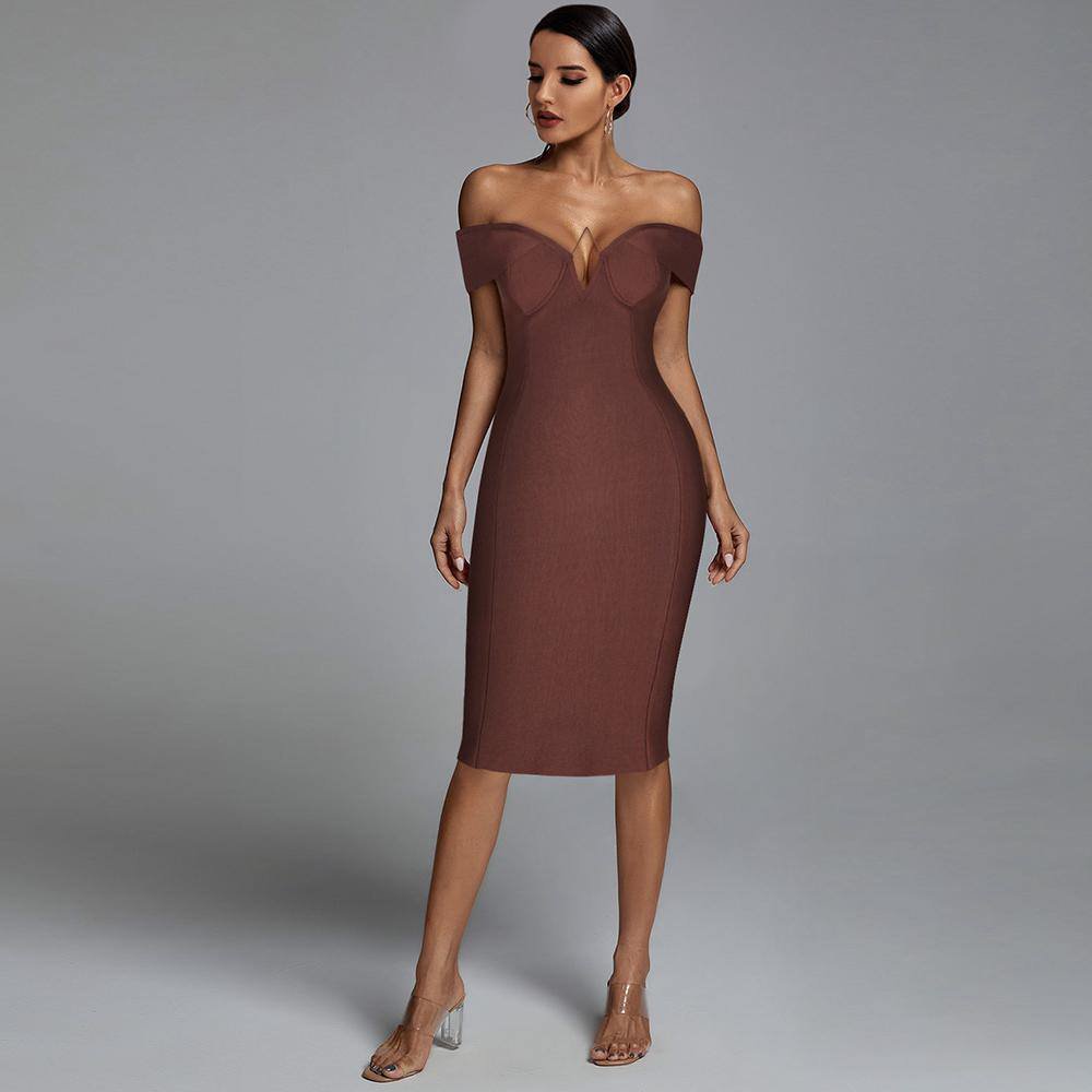 Off Shoulder Short Sleeve Cut Out Midi Bandage Dress