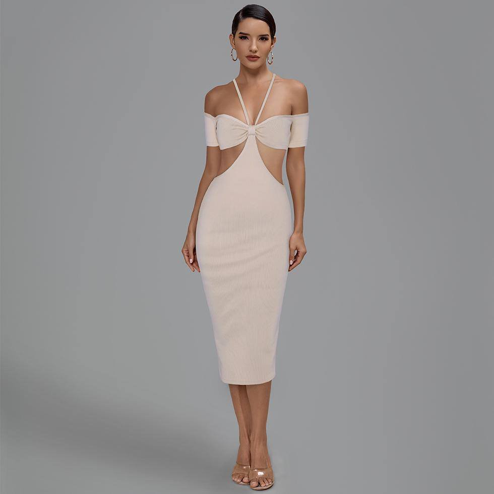 Halter Short Sleeve Cut Out Midi Bandage Dress