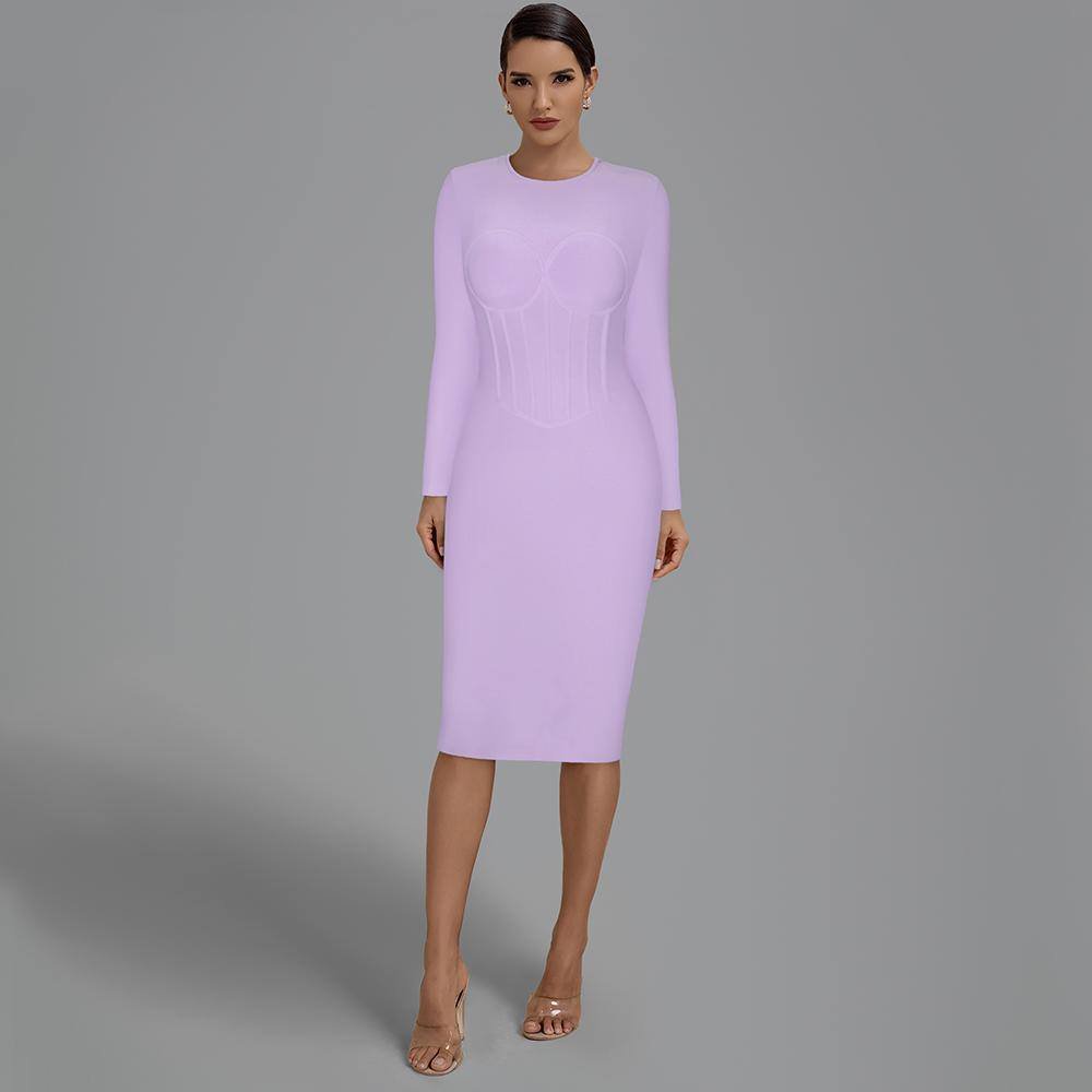 Round Neck Long Sleeve Striped Midi Bandage Dress