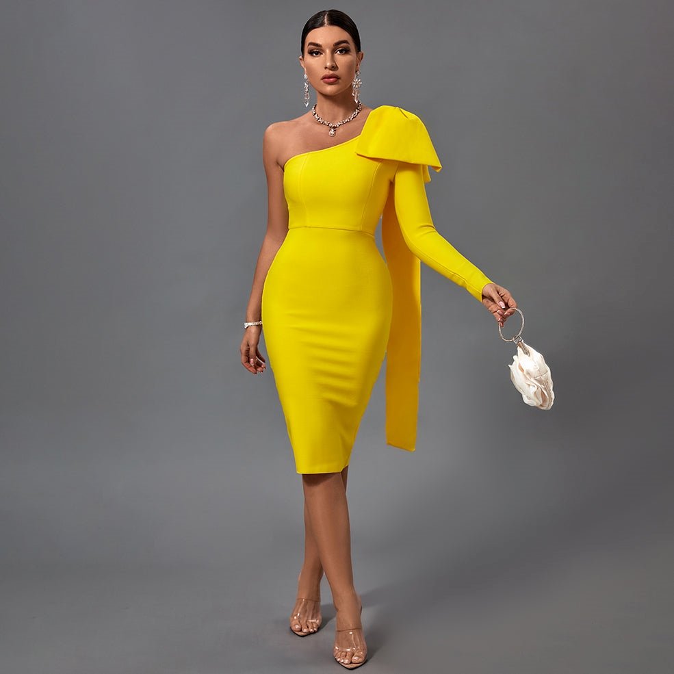 Bowknot Asymmetrical One Sleeve Bandage Dress