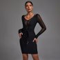 V Neck Long Sleeve Midi Mesh Bandage Dress