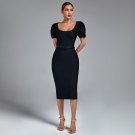 Square Collar Short Sleeve Midi Bandage Dress