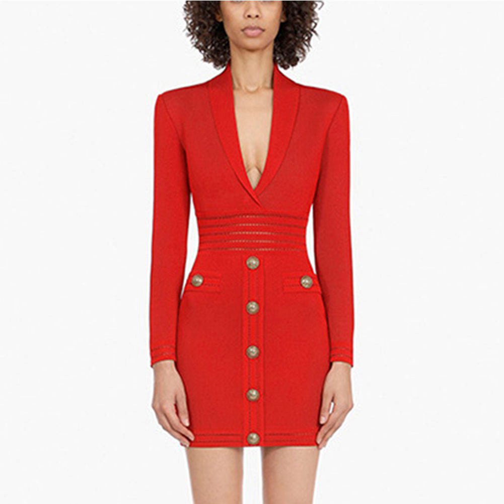 V Neck Long Sleeve Metal Ornamental Buckle Mini Bandage Dress