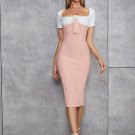 Square Collar Short Sleeve Striped Midi Bandage Dress
