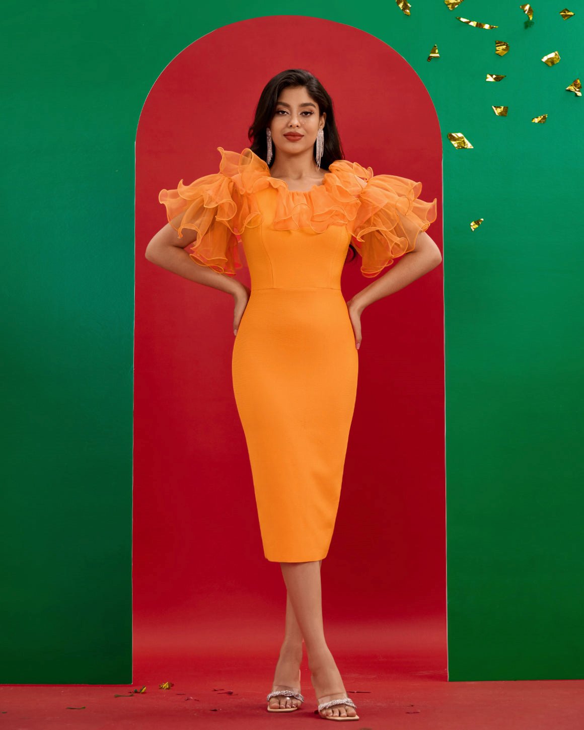 Mesh Fluffy Sleeve Midi Bandage Dress
