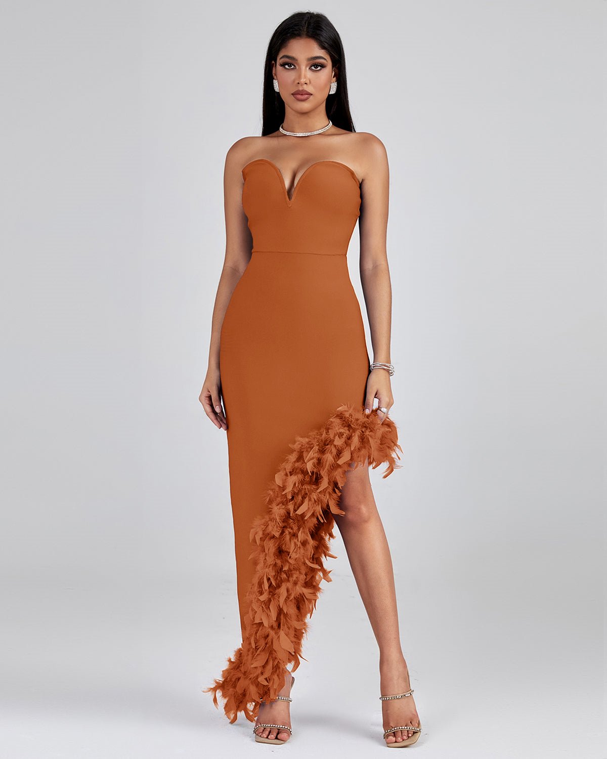 Strapless Feather Trim Bandage Long Dress