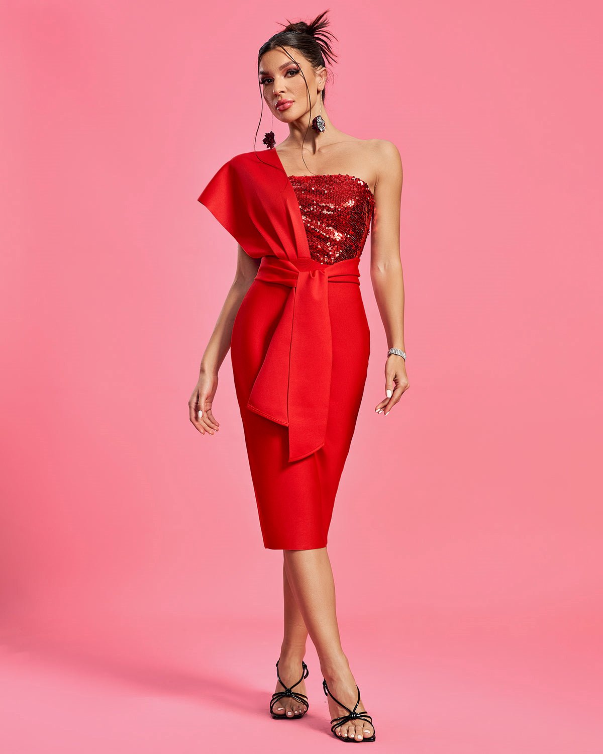 One Shoulder Sequins Midi Bandage Dress