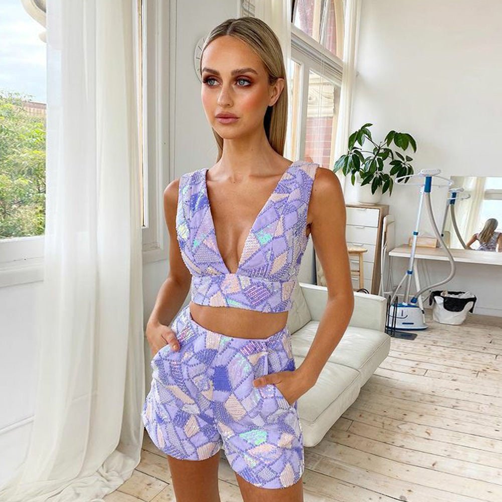 V Neck Sleeveless Sequined Bodycon Set