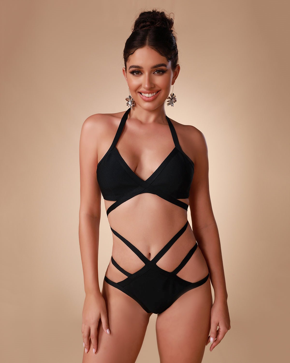 Black Halter Cut Out Bandage Trikini Swim