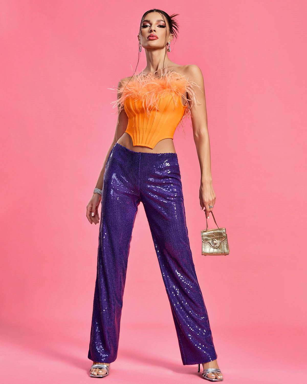 Purple Sequin Pants and Feather Corset Set
