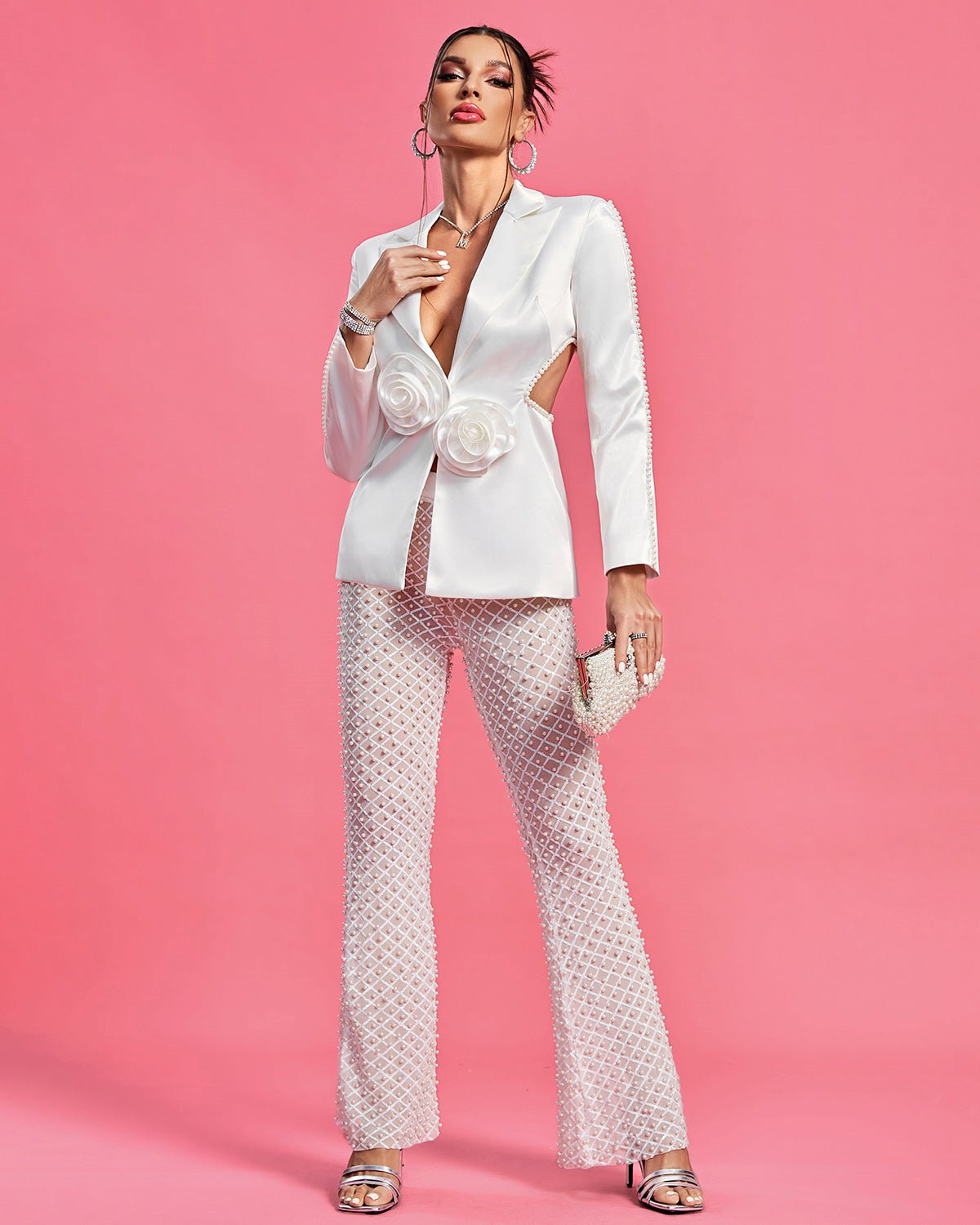 V Neck Cutout Pearl Jacket and Pants Set