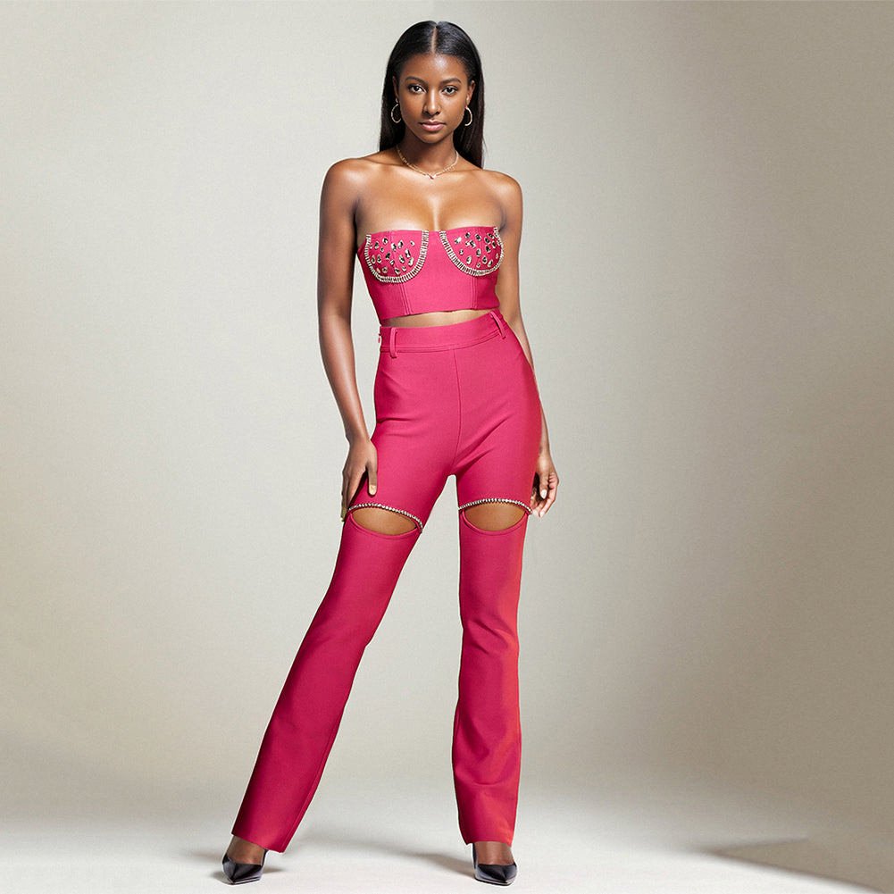Strapless Sleeveless Rhinestone Bandage Set