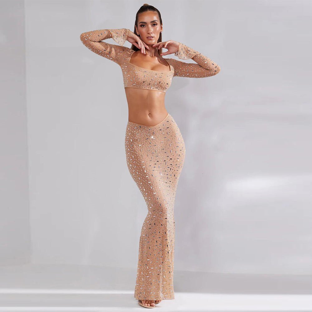 Square Collar Long Sleeve Rhinestone Maxi Bodycon Set