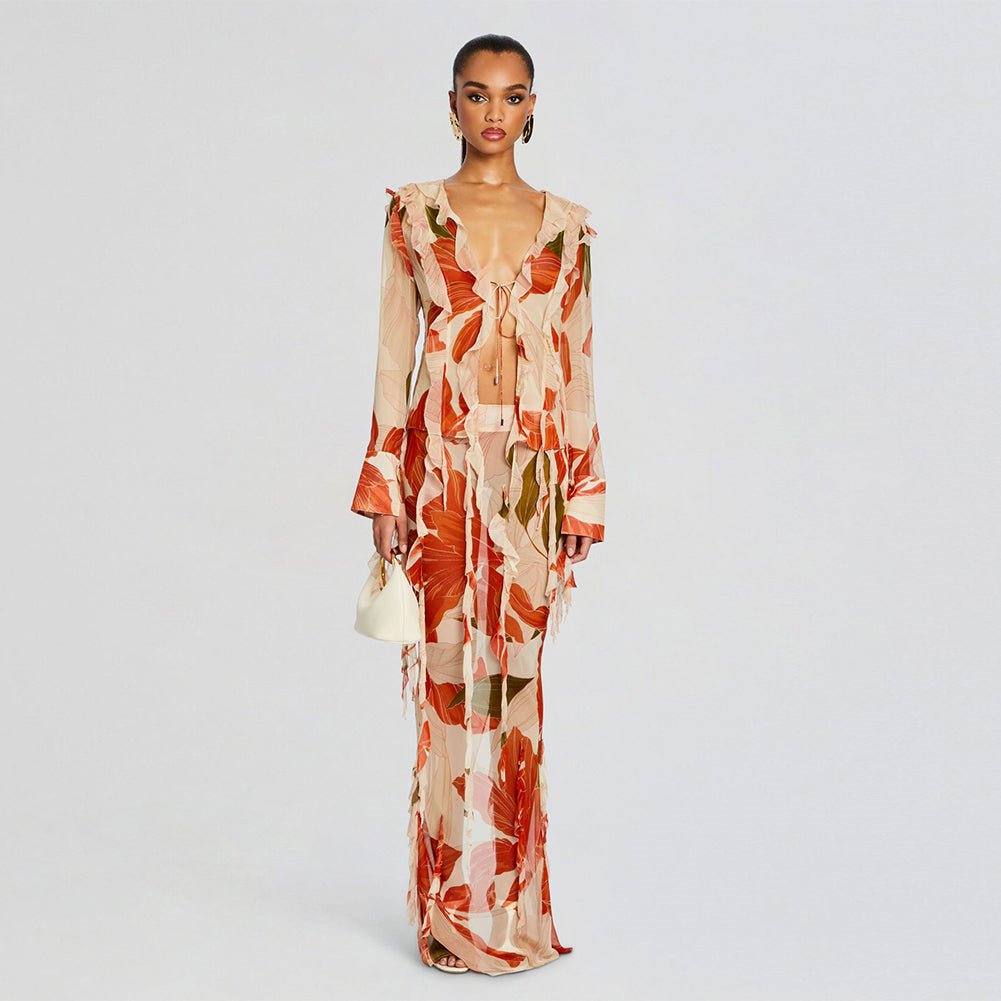 V Neck Long Sleeve Rickrack Maxi Set