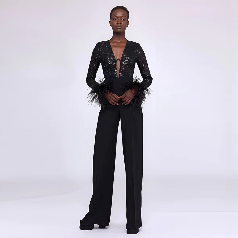 V Neck Long Sleeve Feather Jumpsuit