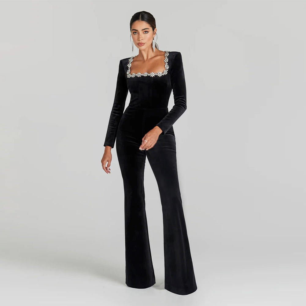 Square Collar Plain Bandage Jumpsuit