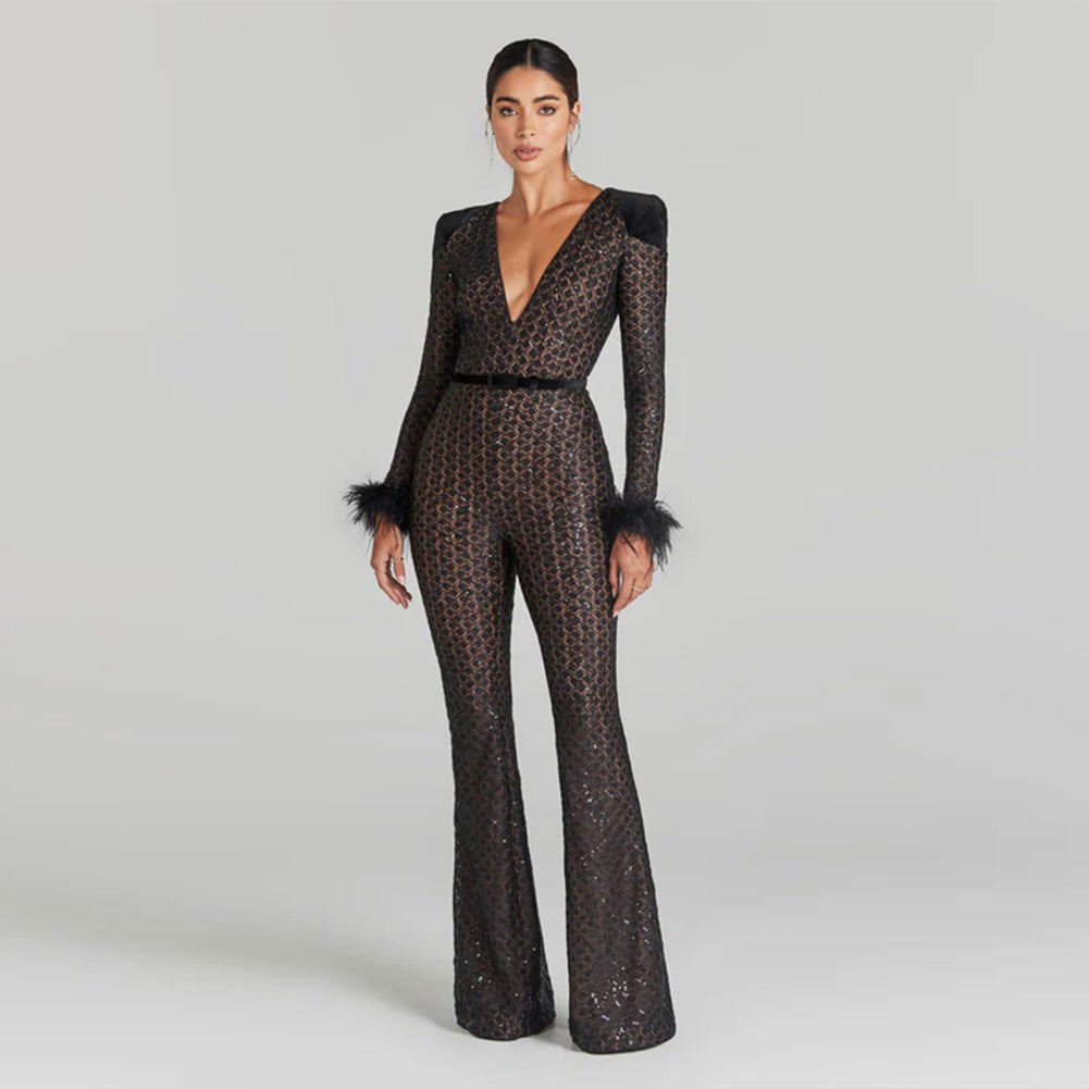 V Neck Long Sleeve Low Cut Bodycon Jumpsuit